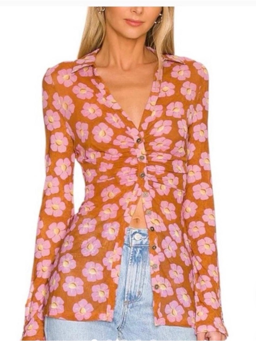 Free People Rust Floral Button-Front Long Sleeve Top with Pink Flowers
